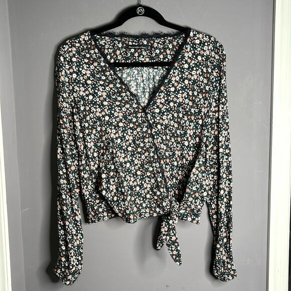 Abercrombie & Fitch Green and Pink Floral Long Sleeve Wrap Blouse Lace Trim Sz S - Picture 8 of 8